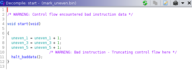 Decompilation of mark_uneven.bin after marking addresses as data